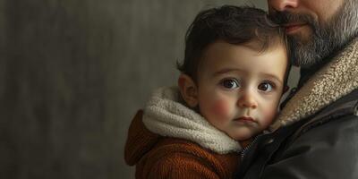 Father and child share a tender moment in a warm embrace indoors during winter evenings photo