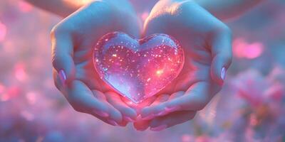 Hands holding a glowing heart-shaped crystal under a dreamy pink light in a serene environment photo