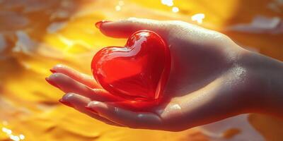 Heart-shaped object held gently in a hand against a warm golden background during sunset photo