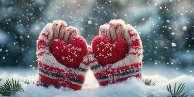 Warm knitted gloves form a heart shape in the snow during a winter wonderland scene photo
