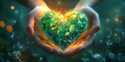Hands cradling a glowing heart made of green leaves symbolize nature and environmental care in a serene setting photo