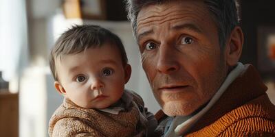 Grandfather holds baby grandson indoors while sharing a moment of surprise and joy during a bright afternoon at home photo