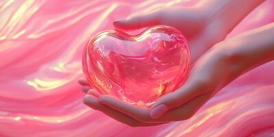 Holding a translucent pink heart in hands against a soft pink backdrop for a romantic ambiance photo