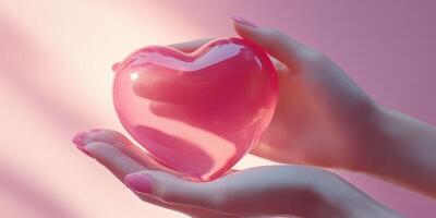 Hands hold a glossy pink heart-shaped object against a soft pastel background reflecting love and warmth photo