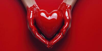 Hands holding a shiny red heart on a vibrant red background, symbolizing love and passion photo
