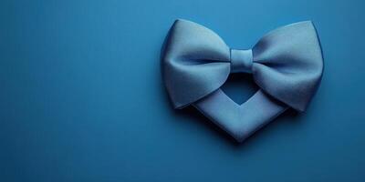 Stylish blue bow tie arranged in a heart shape against a solid blue background photo
