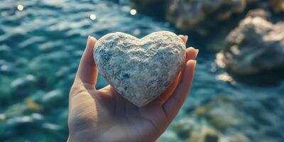 Heart-shaped stone held by hand near water on a sunny day in a serene outdoor setting photo