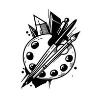 A black and white drawing of a paintbrush and a palette vector