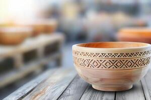 Artisanal wooden bowl with intricate carvings, warm tones, and rustic feel. Perfect for home decor or serving photo