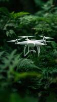 drone flying through lush green foliage, showcasing technology in nature photo