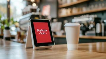 digital order screen displaying Matcha Sold in cafe with coffee cup nearby photo