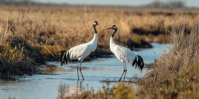 pair of red crowned cranes wading through tranquil wetland, showcasing their elegant posture and striking colors photo