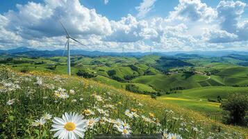 wind farm surrounded by vibrant green hills and blooming flowers creates serene landscape photo