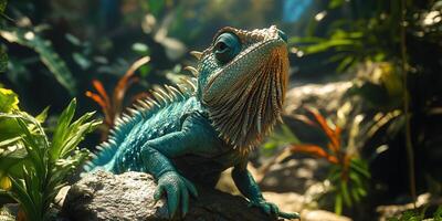 vibrant lizard resting on rock amidst lush jungle foliage, showcasing its intricate scales and colors photo