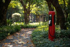 vibrant electric vehicle charging station surrounded by lush greenery photo