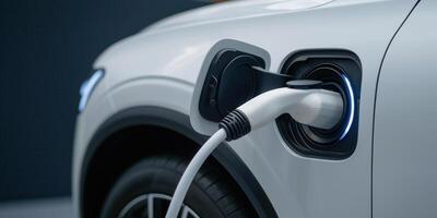 close up of electric vehicle charging at station, showcasing charging port and cable. modern design highlights sustainability and innovation photo