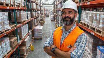 Warehouse worker wearing hard hat and safety vest stands confidently in storage facility, surrounded by stacked boxes and pallets photo