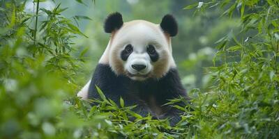 giant panda resting peacefully among lush green bamboo groves, showcasing its unique black and white fur photo