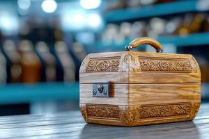 Wooden jewelry box with intricate carvings, showcasing natural beauty and craftsmanship. Perfect for storing precious items photo