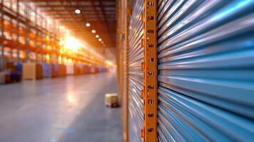 Efficient warehouse with IoT connected storage shelves and bright lighting Supply chain management concept photo