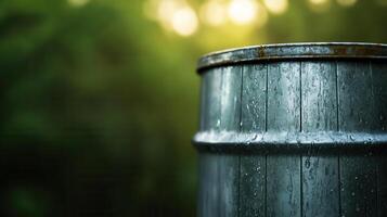 Rainwater harvesting system in urban environment with metal barrel photo