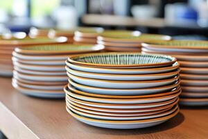 Handmade ceramic plates with artisanal glazes stacked neatly, showcasing unique designs and colors. Perfect for dining and decoration photo