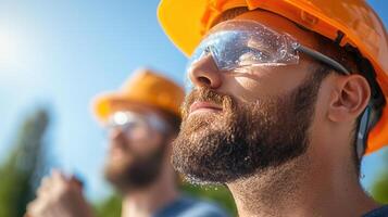 Eco engineers wearing safety gear, enjoying sunlight outdoors photo