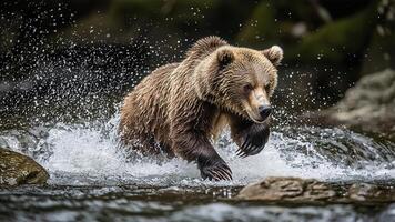 brown bear splashing through rushing river, showcasing its strength and agility. scene captures beauty of nature and wildlife photo