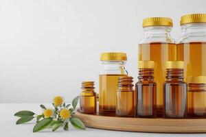 Small batch essential oils in glass bottles arranged on wooden tray, showcasing natural beauty and simplicity photo