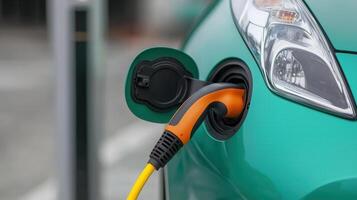 close up of electric vehicle charging at station, showcasing charging plug and port photo
