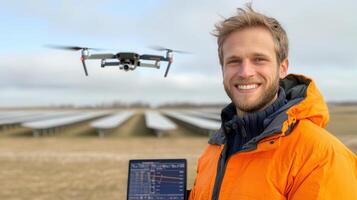 Clean energy technician operating drone near solar farm, showcasing technology and photo