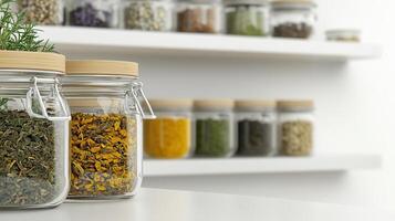 Dried herbs and herbal teas in glass jars on shelf, showcasing vibrant colors and textures. Perfect for wellness and natural remedies photo
