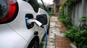 close up of electric vehicle charging at station, showcasing modern technology and eco friendly transportation photo