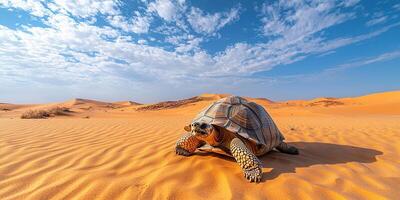 desert tortoise moving across arid sand dunes under blue sky photo