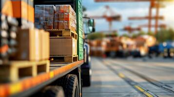 Loading goods onto electric delivery vehicle for sustainable logistics solutions Supply chain management concept photo