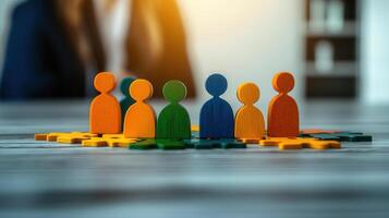 Colorful wooden figures representing diverse people arranged in circle, symbolizing unity and collaboration in professional setting photo