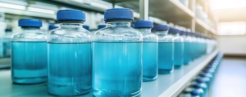 Bottles filled with blue liquid on shelf in laboratory setting photo