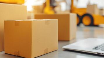 Cardboard boxes in warehouse setting with laptop nearby, showcasing logistics. Supply chain management concept photo