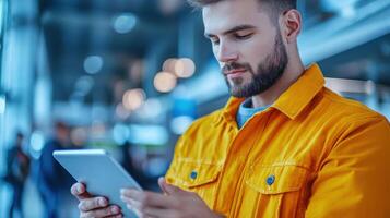 Man in yellow jacket using tablet in modern environment, focused. Supply chain management concept photo