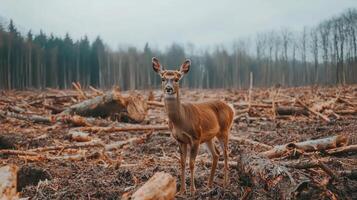 deer stands alone in barren landscape surrounded by fallen trees, evoking sense of solitude and vulnerability photo