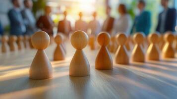 Wooden figures arranged in business setting, symbolizing teamwork and collaboration. warm golden light enhances atmosphere of connection photo