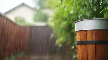 Rainwater harvesting system in urban garden during rainfall photo