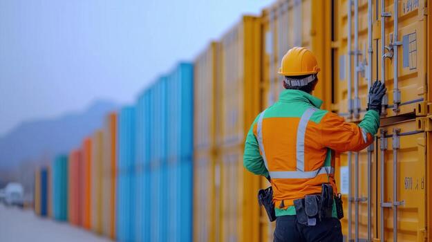 Logistics coordinator inspecting shipping containers in freight yard photo