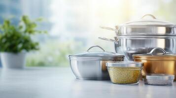 Shiny kitchenware with polished surfaces, showcasing pots and jars photo