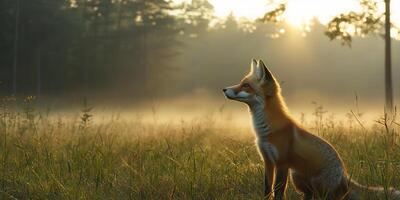 red fox standing in misty forest at dawn, surrounded by soft light and grass. serene atmosphere evokes sense of calm and beauty photo