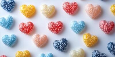 Colorful heart-shaped candies arranged on a white surface for a festive occasion or celebration photo