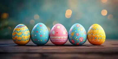 Colorful decorative eggs arranged on a wooden surface for a festive celebration during springtime photo