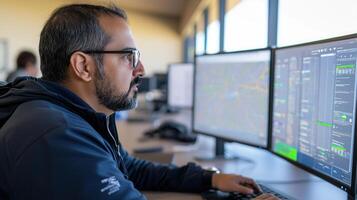 focused technician analyzes data on dual monitors in modern workspace photo
