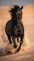 Black horse gallops gracefully across golden desert sands during sunset in a captivating display of strength and beauty photo