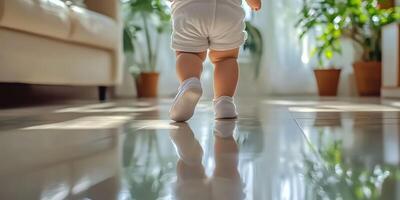 Baby taking first steps in a sunlit living room surrounded by indoor plants and gleaming floors photo